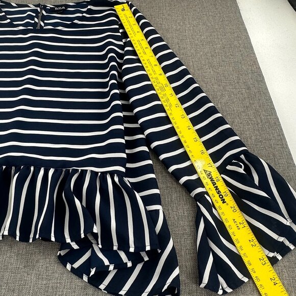 a.n.a A New Approach Top Striped Navy & White Long Sleeve Ruffled Hem Round Neck - Picture 6 of 11